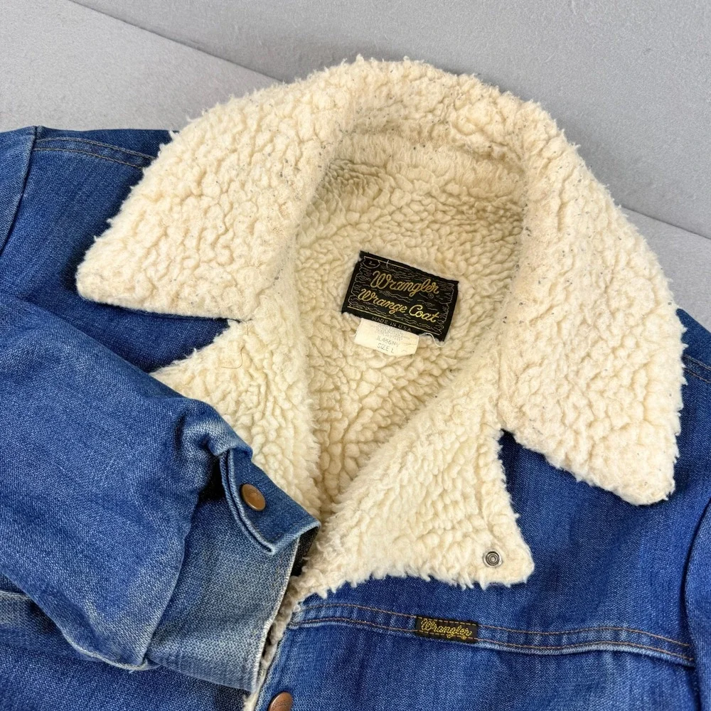 VTG‎ 70s Wrangler Wrange Coat L Denim Sherpa Trucker Jacket Made in USA Cowboy